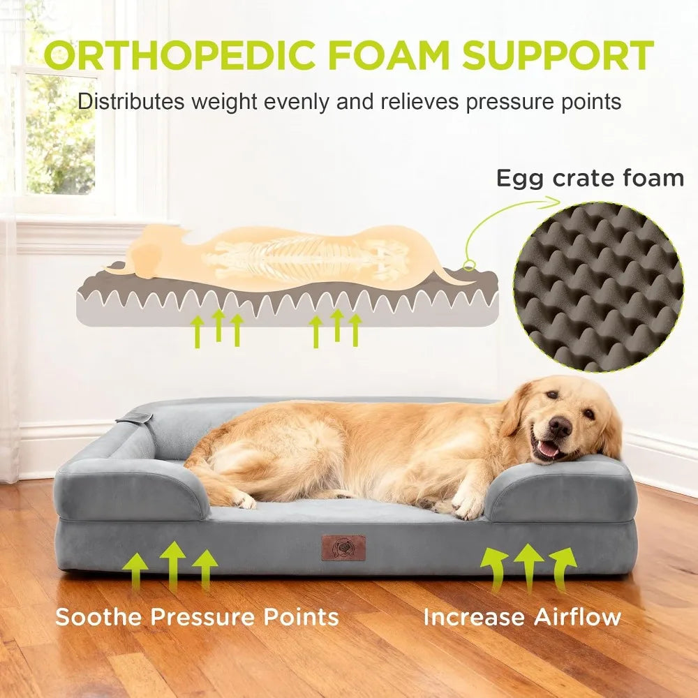 Orthopedic dog bed for extra large dogs by I YAN, memory foam sofa with bolster, washable cover, non-slip base in grey, 42x30 inches
