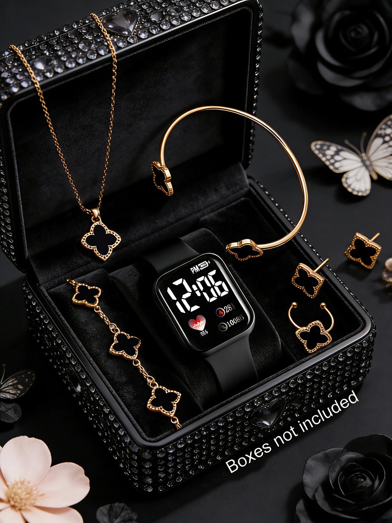 Fashionable Square Electronic Watch Set with Four-leaf Clover Design Versatile Daily Wear Gift for Birthdays
