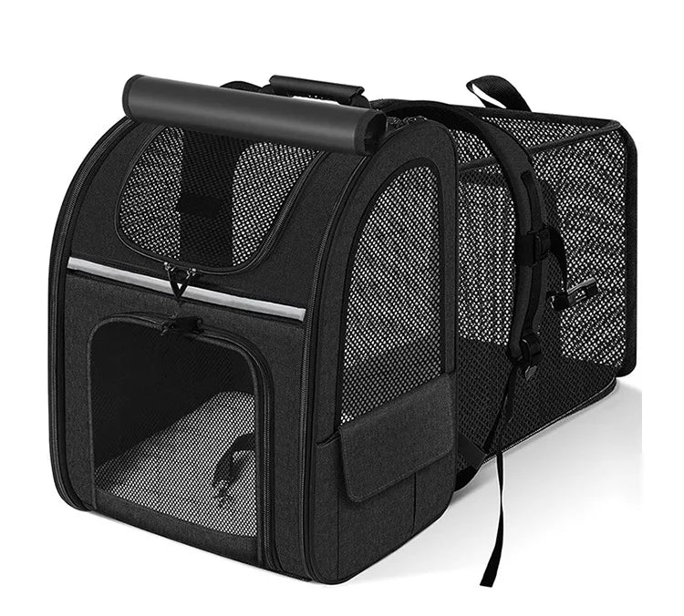 Expandable I YAN cat carrier backpack with shade cover and breathable mesh for small cats and dogs, ideal for travel.