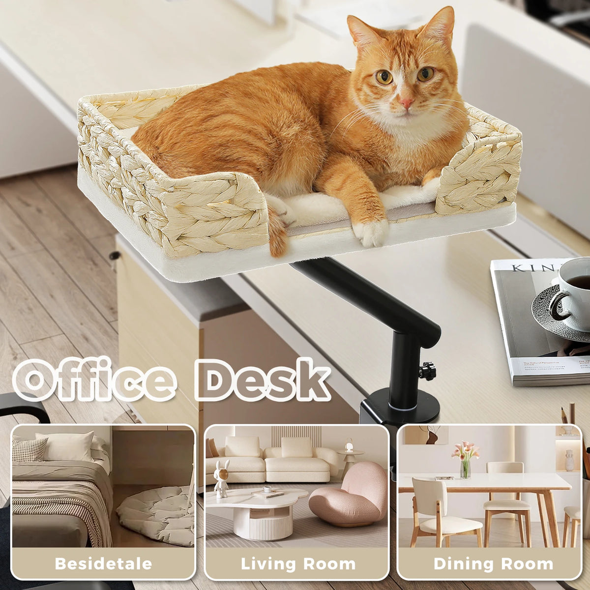 Soft I YAN cat desk bed with a 360° rotatable stand and adjustable hammock for indoor cats, perfect for desks and tables.