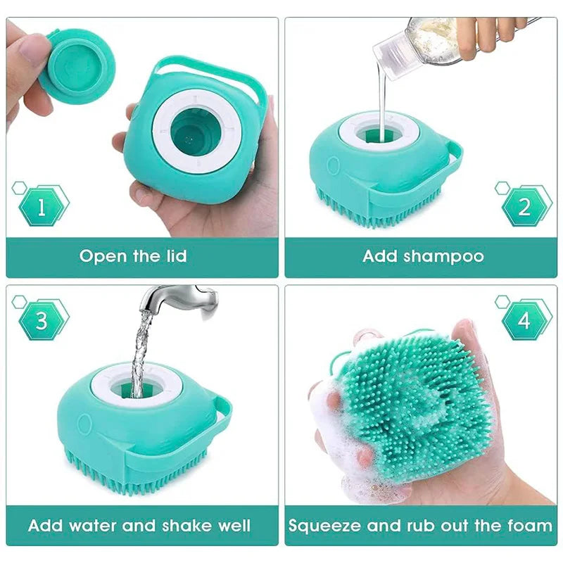Pet bath massage brush with shampoo dispenser by I YAN, designed for dogs and cats, featuring ergonomic handle and gentle bristles.