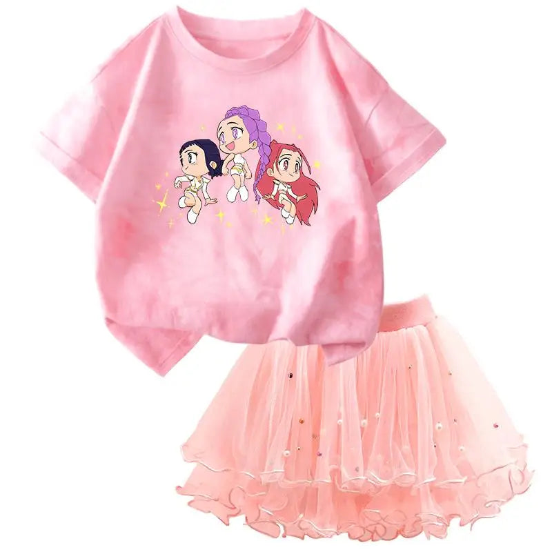 K-Pop Hunters Zoey Mira Rumi Kids T Shirt Summer Girl Outfit T-shirt +Tutu Skirt Princess Clothes Suit Party Clothing Set