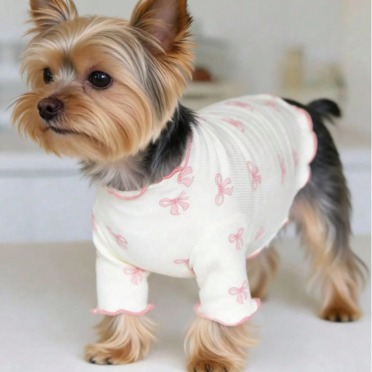 Pet dog or cat knit sweater with allover print and pink bow tie, breathable and comfortable I YAN clothing for pets.