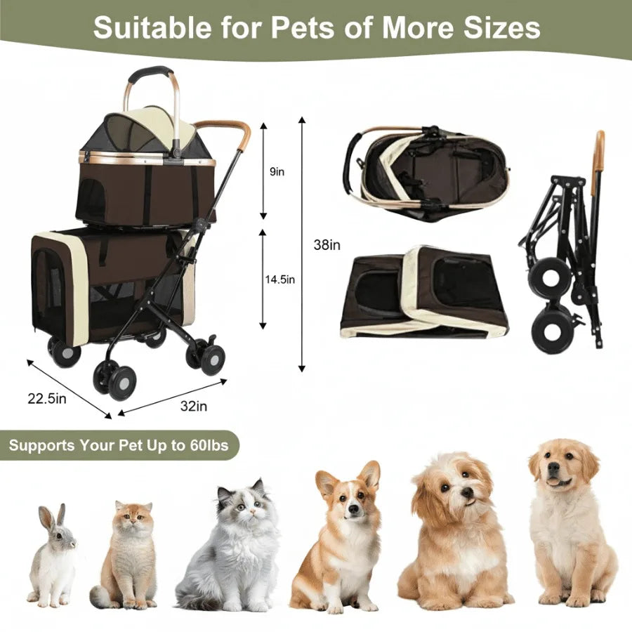 Brown I YAN dual 4-in-1 pet stroller with four wheels, foldable design for medium dogs and cats up to 50lbs.