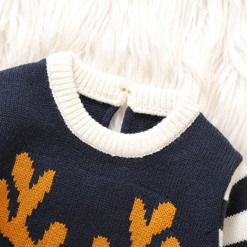Baby Unisex Rompers Winter Christmas Reindeer Knitted Newborn Boys Girls Long Sleeve Jumpsuits One Pieces Infant Playsuits 0-18m