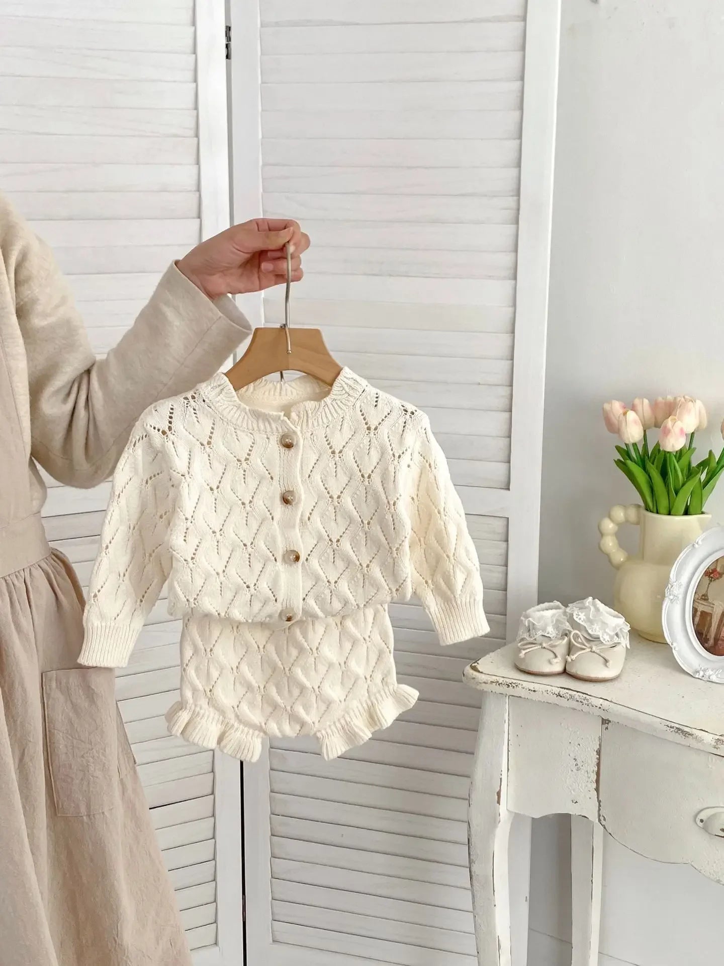 Baby Girl Knit Cardigan & Shorts Set – Hollow-Out Sweater 2-Piece Outfit - I YAN