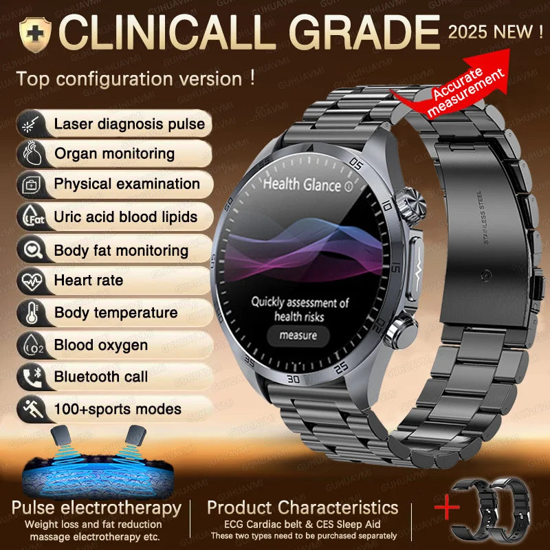 2026 New Pulse﻿ ECG+PPG Treatment Smart Watch Men Blood Lipid Uric Acid BP Body Fat Tired monitor Sports Health Call Smartwatch