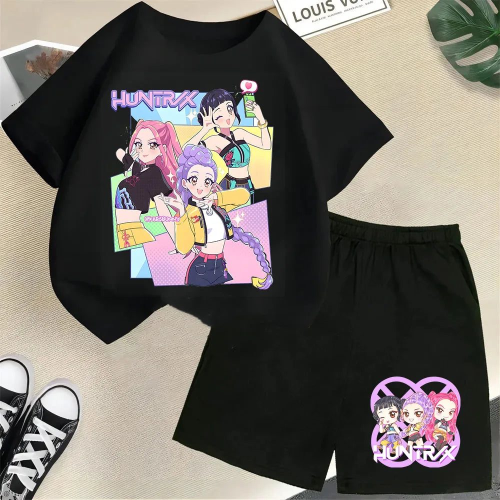 KPop Demon Hunters Saja Boys Kids T-Shirt – Cartoon Print Round Neck Casual Top (2pcs Set) - I YAN