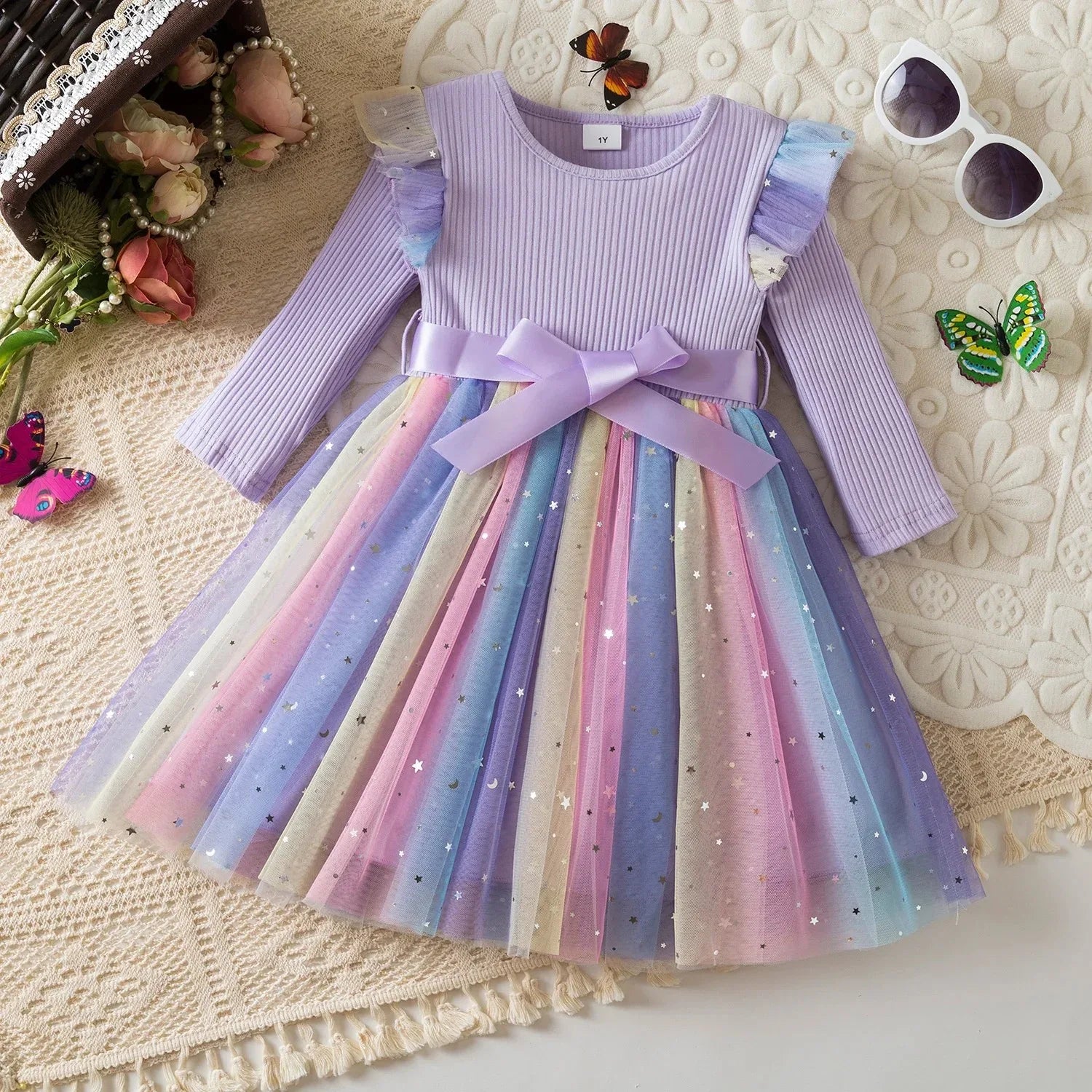 K-Pop Hunters Rainbow Princess Dress for Girls Sequin Birthday Party Mesh Dress for Baby Casual Long Sleeve Girls Dresses 1-5Y