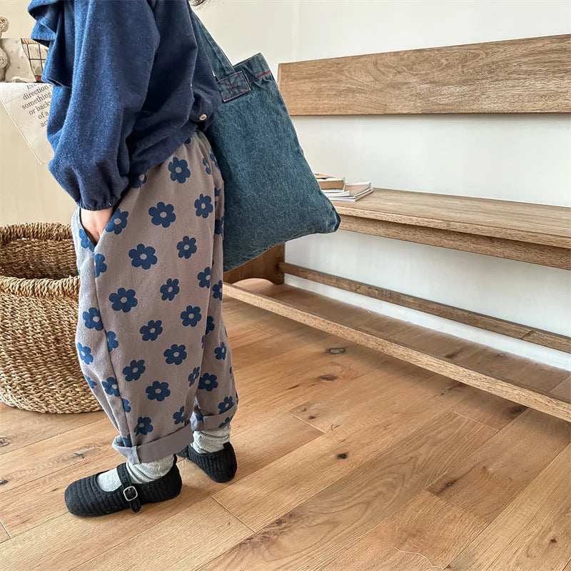 Autumn New Children Loose Trousers Vintage Flower Print Girls Harem Pants Baby Boys Casual Pants Cotton Baby Trousers Clothes