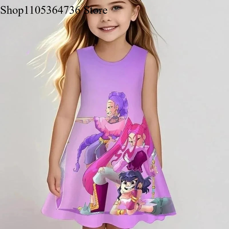 Kpop "Demon Hunter" Spring/Summer Sleeveless Dress - Cute and Playful Beach and Outdoor Children's Dress for Girls, Fashionable
