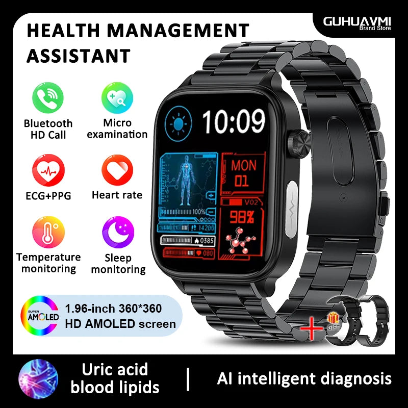 2026 New Blood lipids Uric Acid testing Smart Watch Men ECG+PPG Blood Pressure blood oxygen Bluetooth Call Health smartwatch iOS