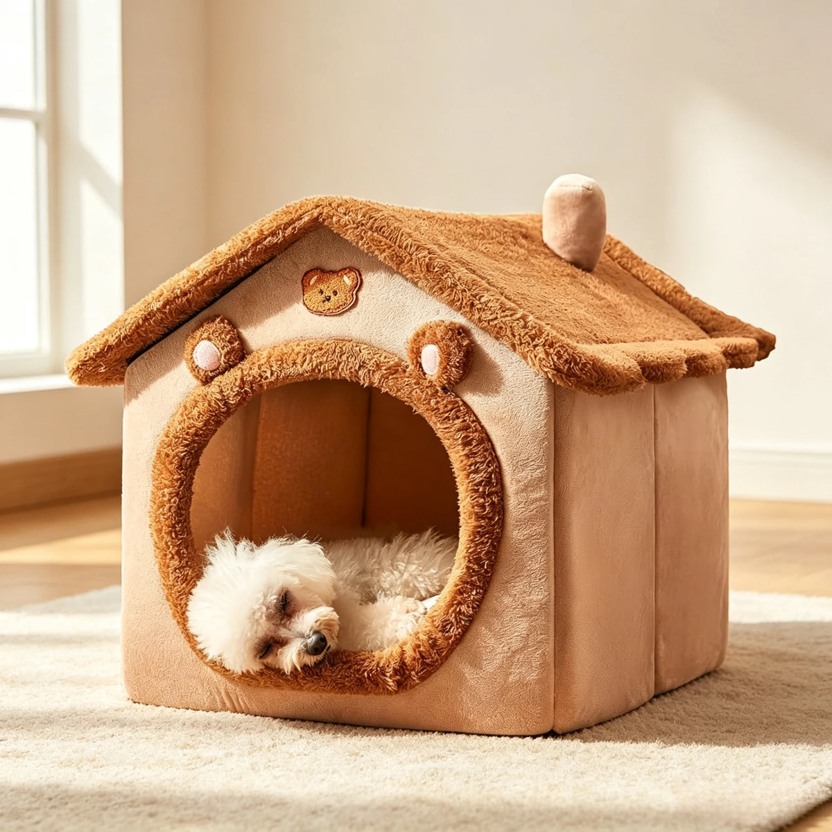 I YAN large bear-shaped pet house bed with soft plush fabric, cozy enclosed tent for small dogs and cats, brown color.