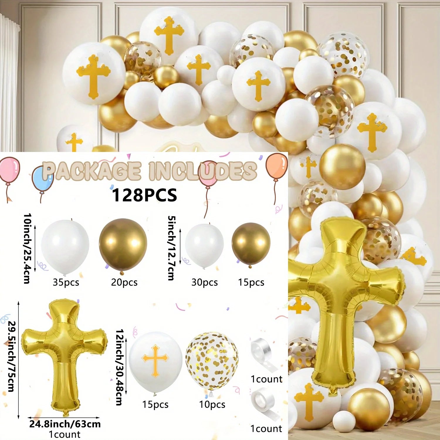 128PCS First Communion and Baptism Party Decoration Kit Cross Foil Balloons Are Used To Celebrate The First Communion with God