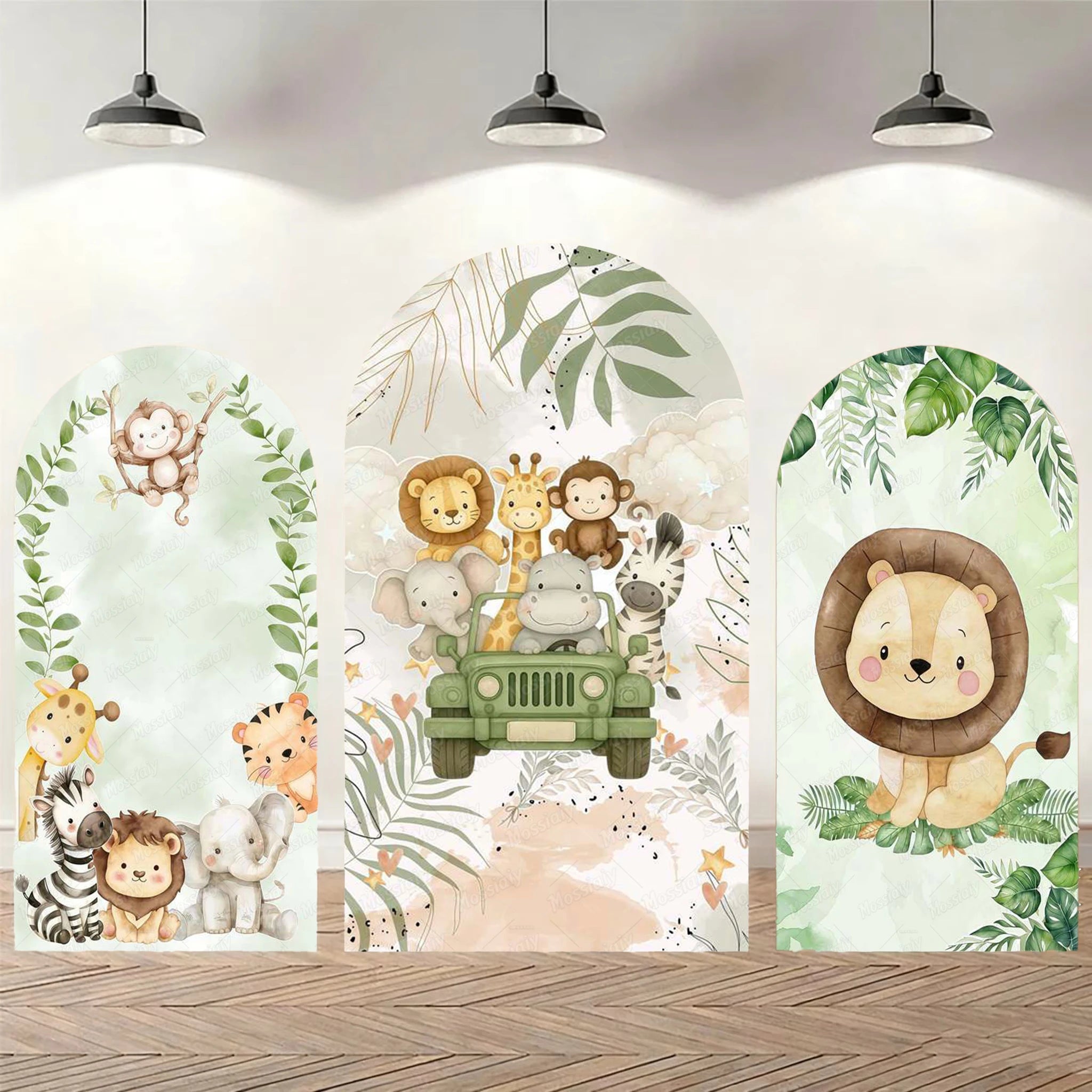 Jungle Animals Party Wild One Baby Shower Arch Cover Backdrop for Boy Birthday Cartoon Animal Truck Background Wall Decoration