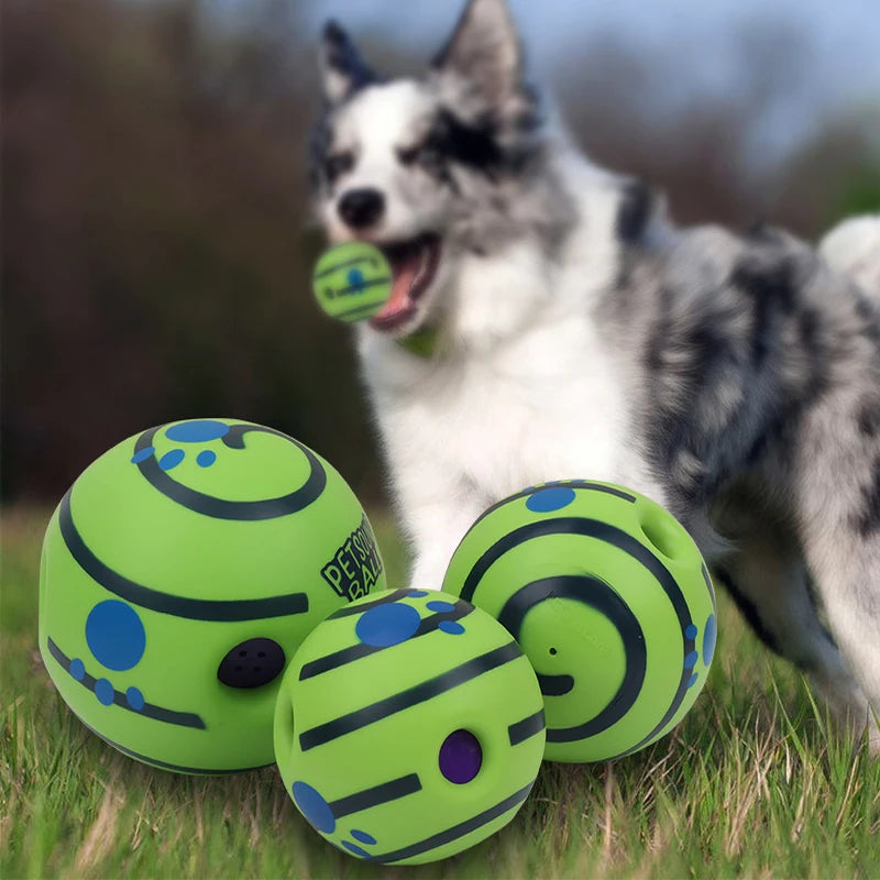 Interactive I YAN Wobble Wag Giggle Glow Ball for dogs, featuring sound and light, with a colorful, textured surface for play.