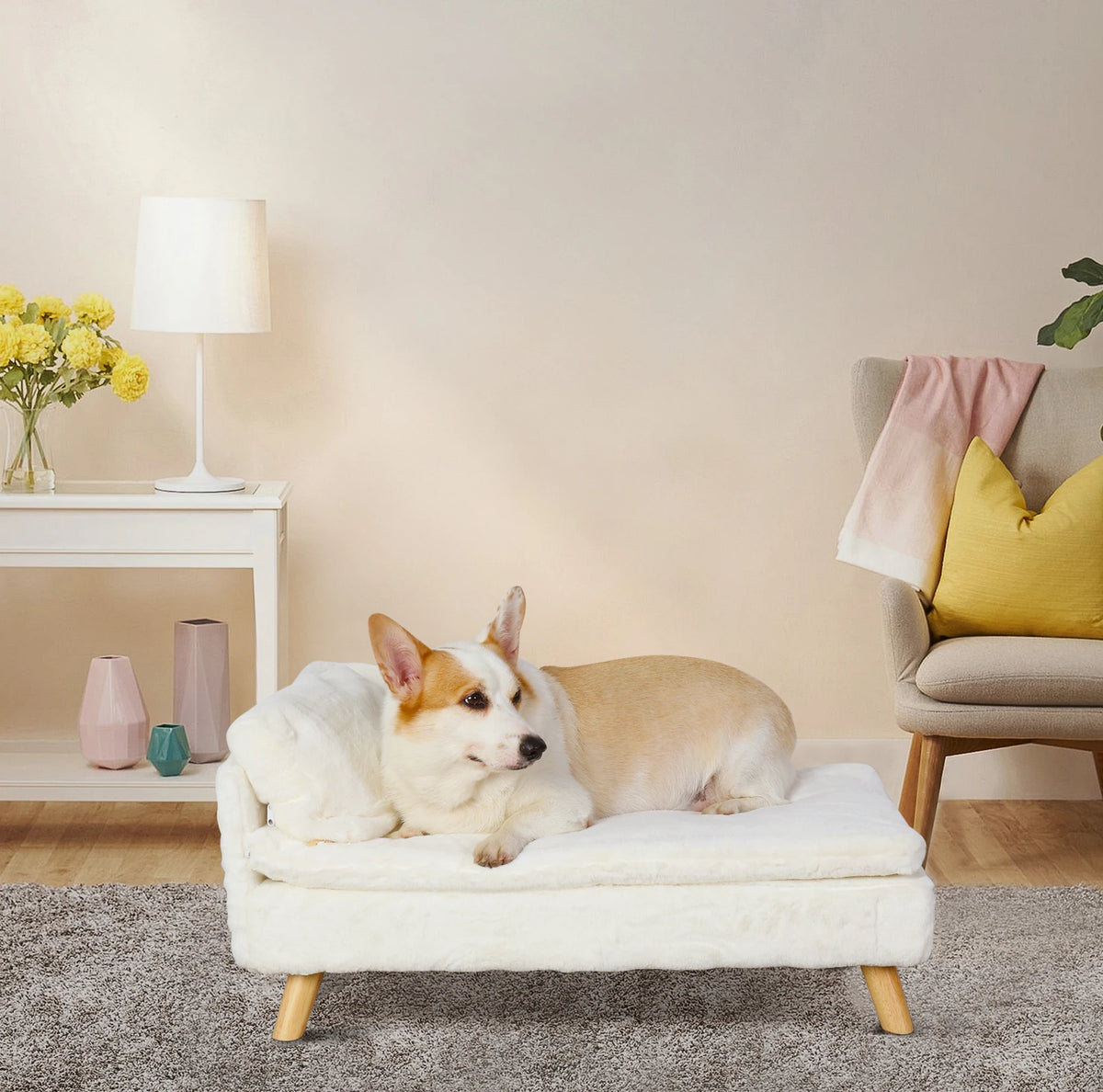 Nordic pet stool bed by I YAN with cozy pad, waterproof surface, sturdy wood legs, ideal for small dogs and kittens.