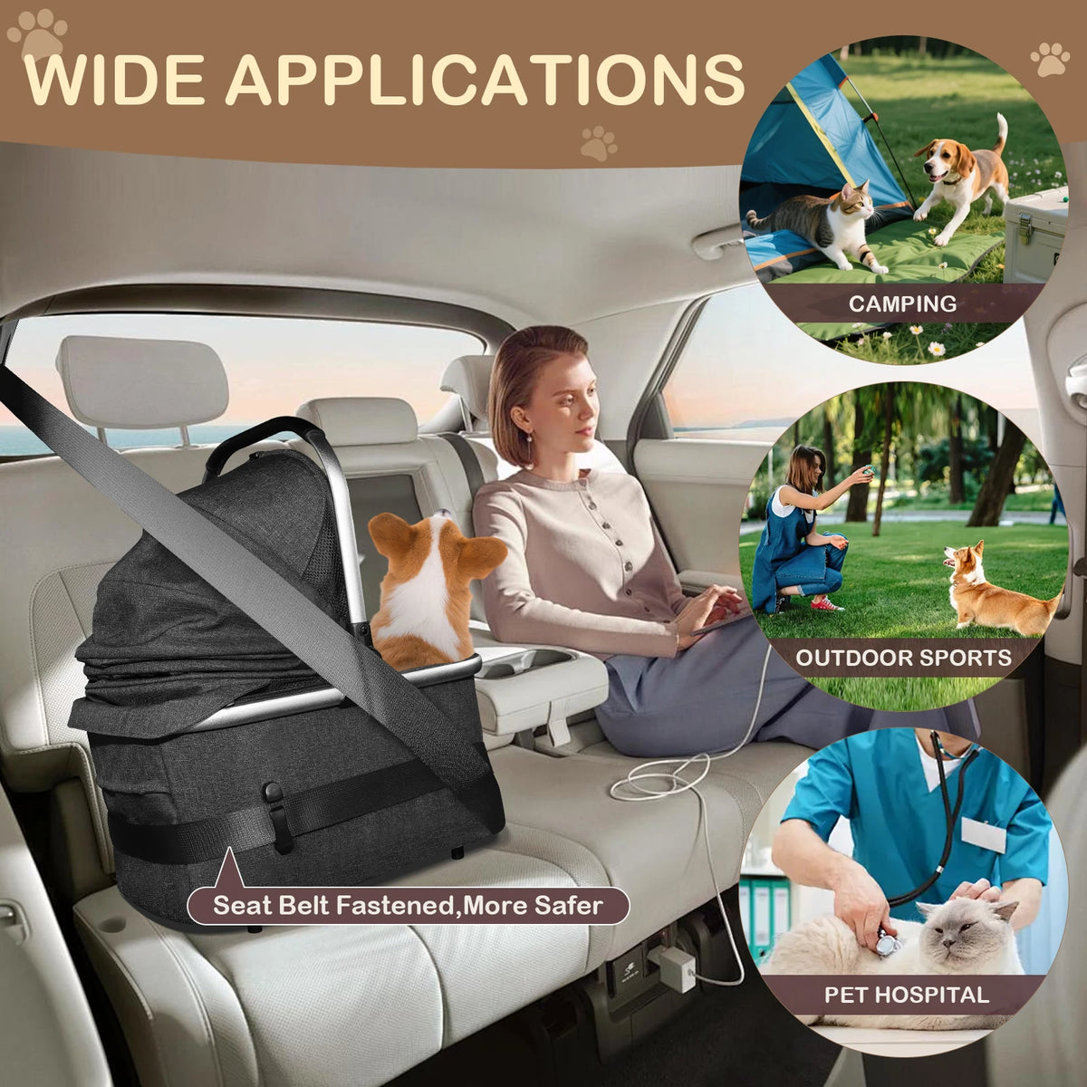Portable lightweight pet stroller by I YAN with smooth-ride wheels, 3-in-1 car seat, detachable carrier, quick-fold for medium dogs.