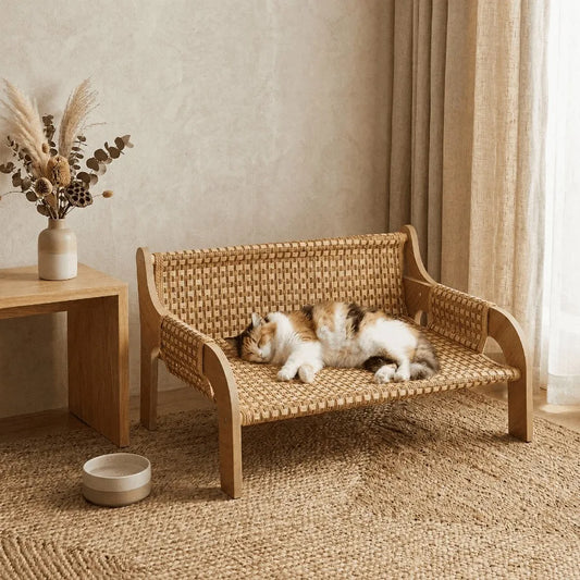 I YAN indoor cat sofa bed with wooden frame, washable fluffy cushion, cooling mat, and raised design for comfortable feline lounging.