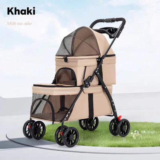 Foldable double pet stroller by I YAN with lockable wheels, suitable for small cats and dogs, featuring two carriages for travel.