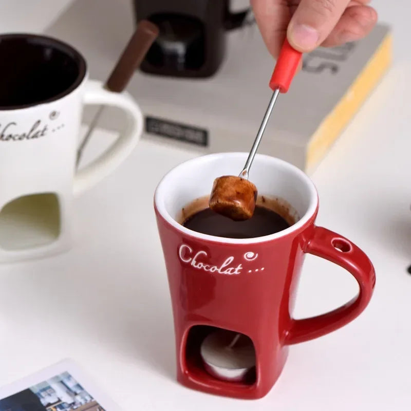 130ML European Candle Cup Cheese Chocolate Melting Ceramic Mug Heating Food Ceramic Mug with Fork Creative Coffee Mug Tableware