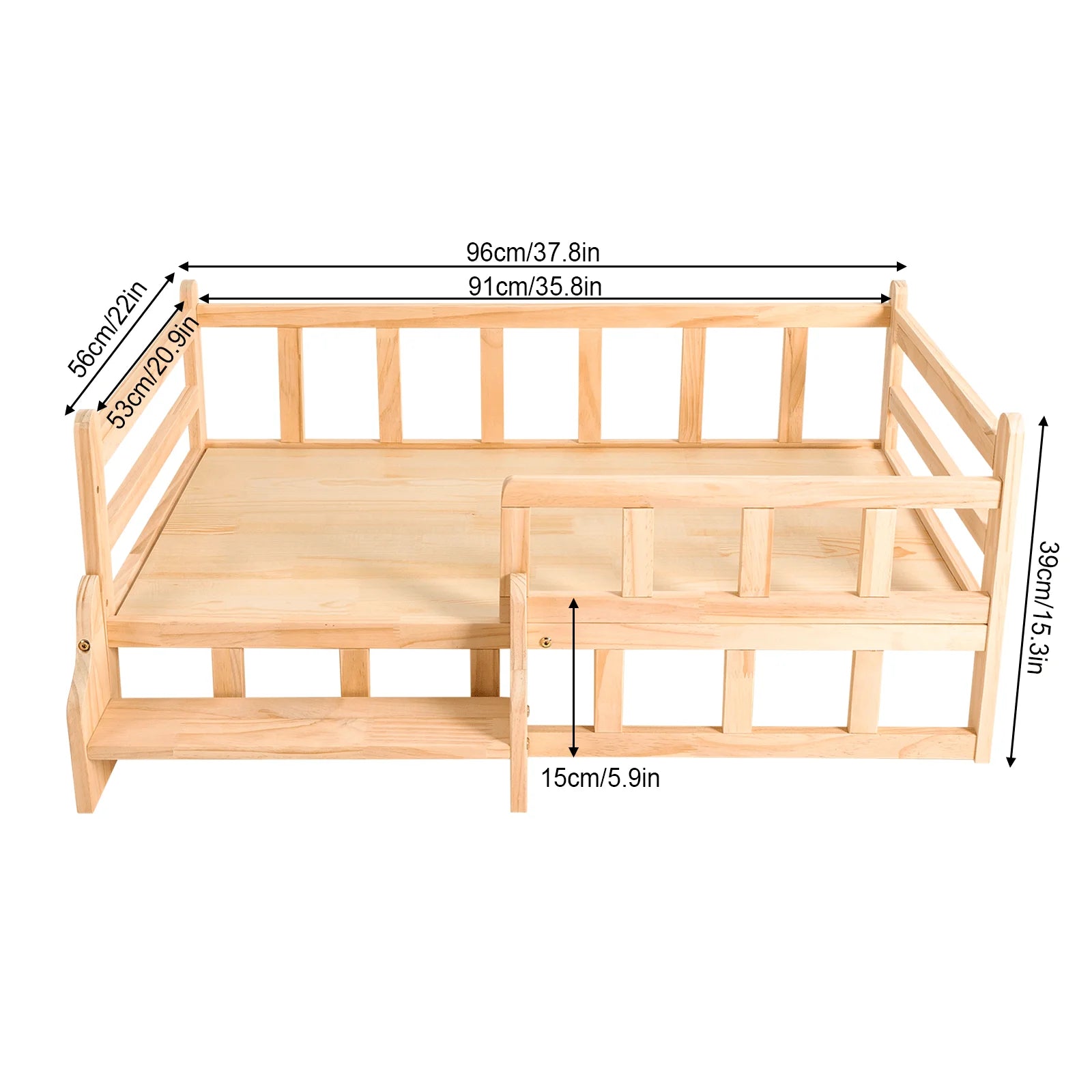 Aohuada Solid Pine Wood Elevated Pet Bed With Rails & Stairs, 66LBS Load Raised Dog Cat Bed, Breathable Indoor Raised Pet Frame With Anti-Slip Pads For Large Pets