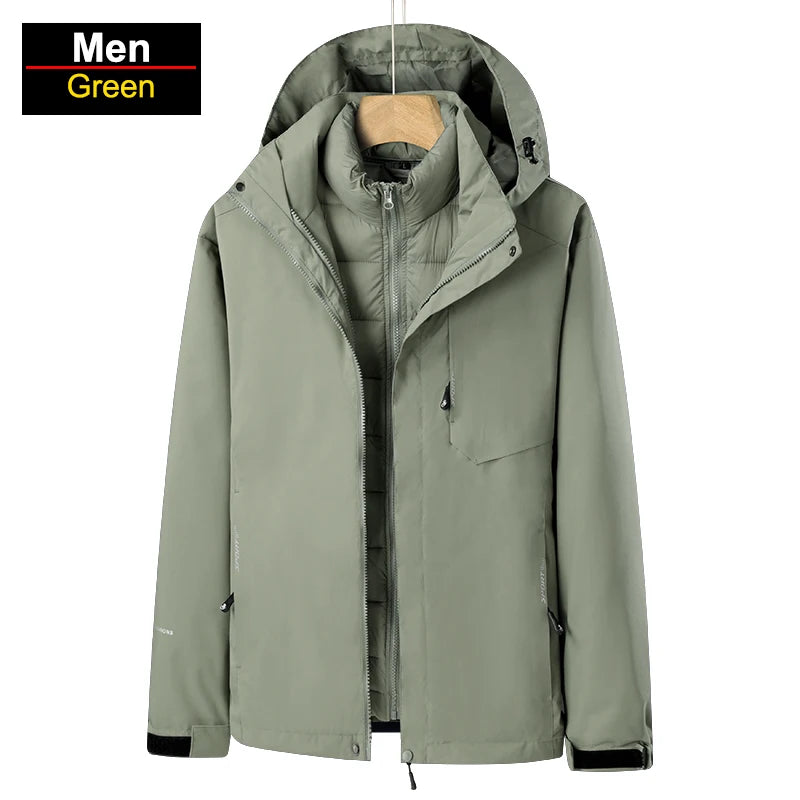 Men's 3 In 1 Thick Hiking Jacket Down Cotton Waterproof Winter Windbreaker Outdoor Warm Camping Jacket Windproof Coat
