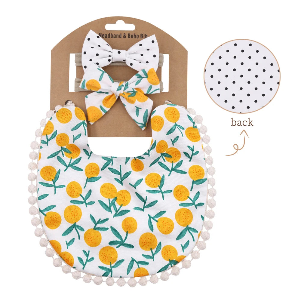 Set of 3 floral print cotton linen baby bibs, elastic nylon headband, and double-deck saliva towels for feeding and burping by I YAN.