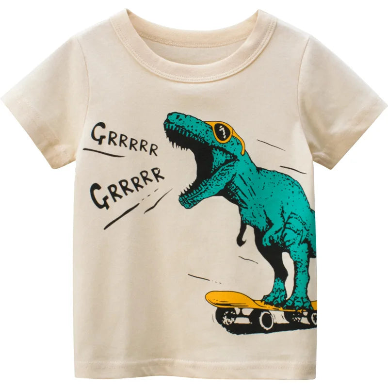 I YAN OLEKID 2025 summer boys' T-shirt with colorful cartoon print, short sleeves, for children aged 2-8 years.