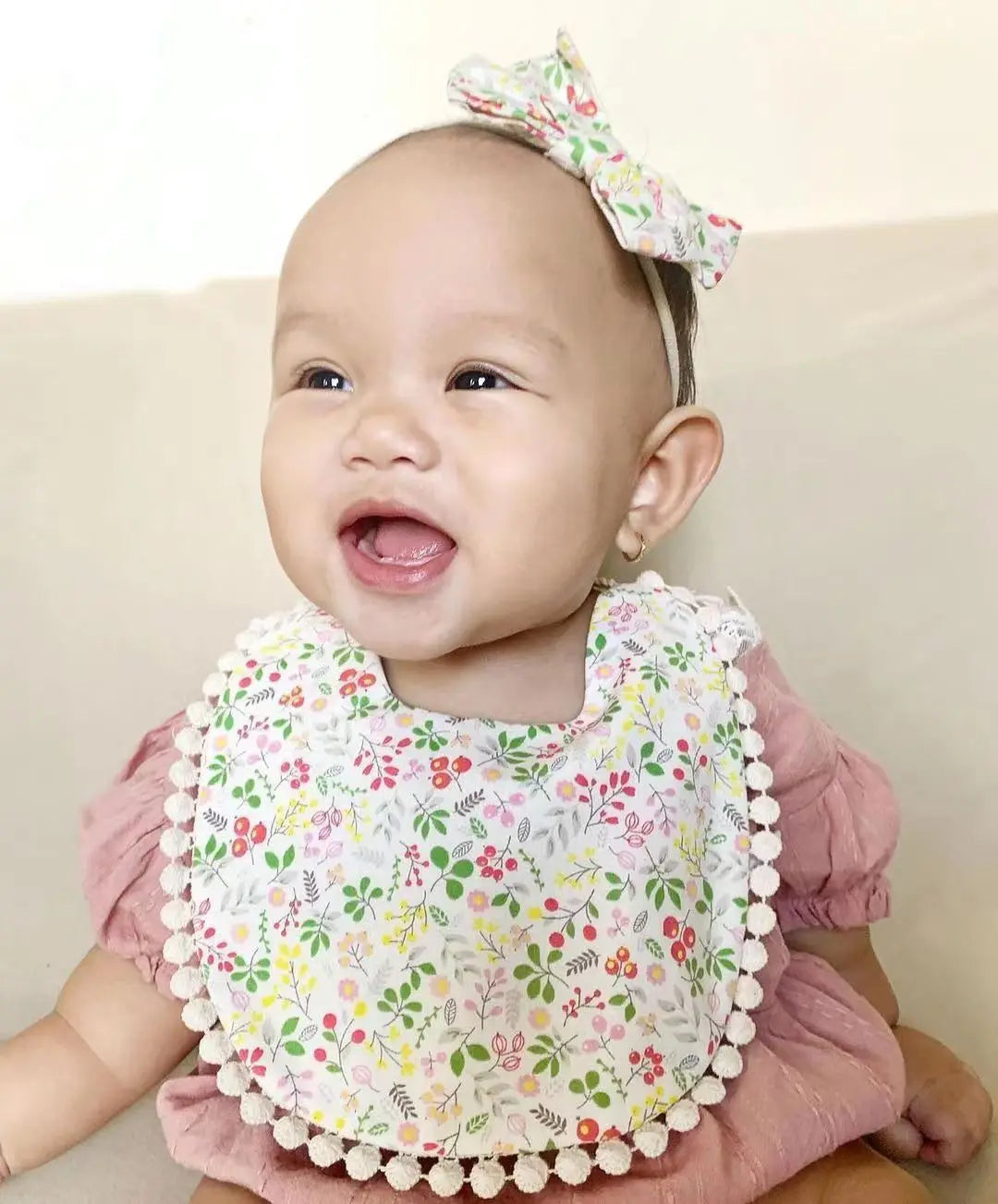 Set of three flower print cotton linen baby bibs, nylon headbands, and double-deck saliva towels with feeding bandana and burp apron by I YAN