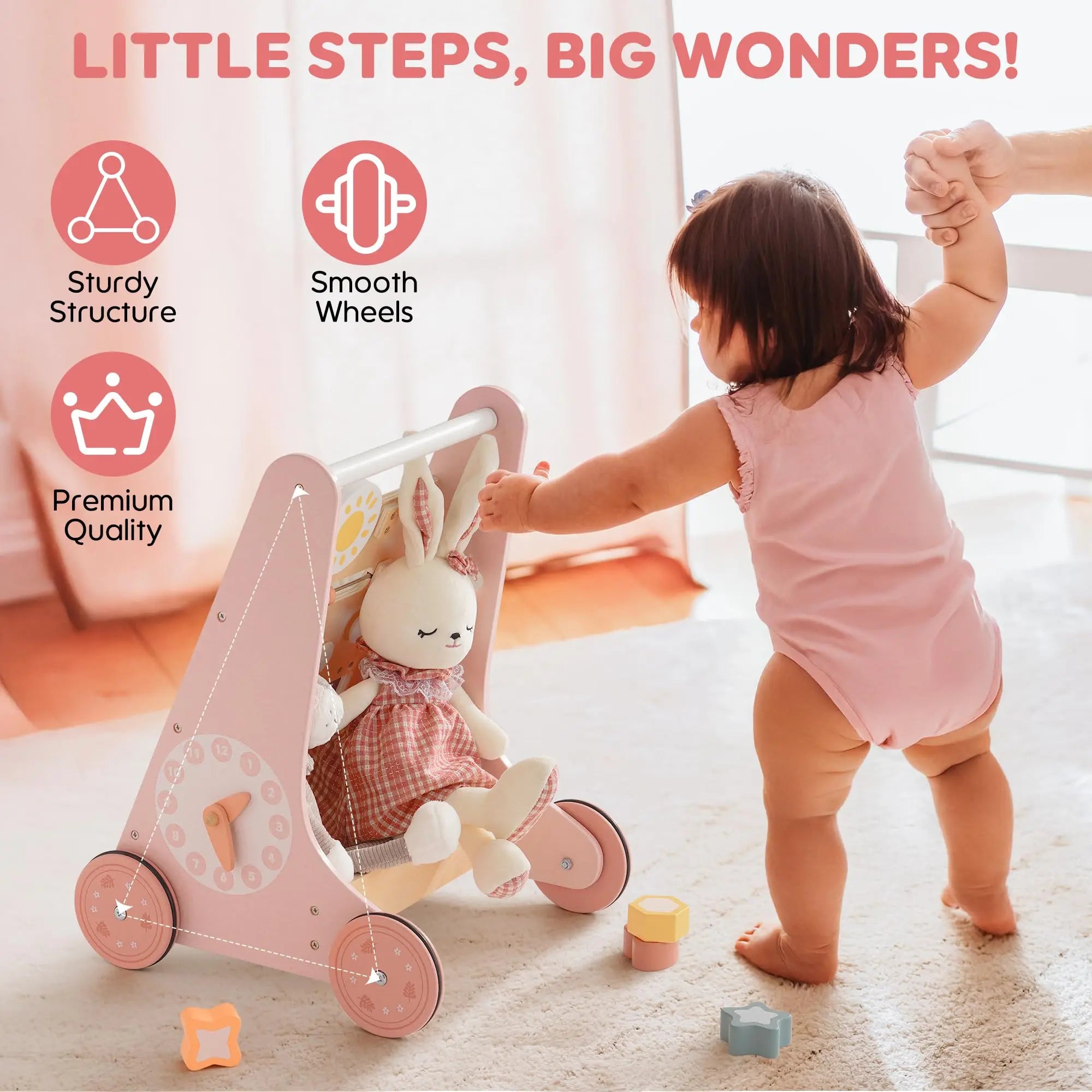 Wooden baby push walker by I YAN with activity center, storage, and Montessori design, suitable for boys and girls.