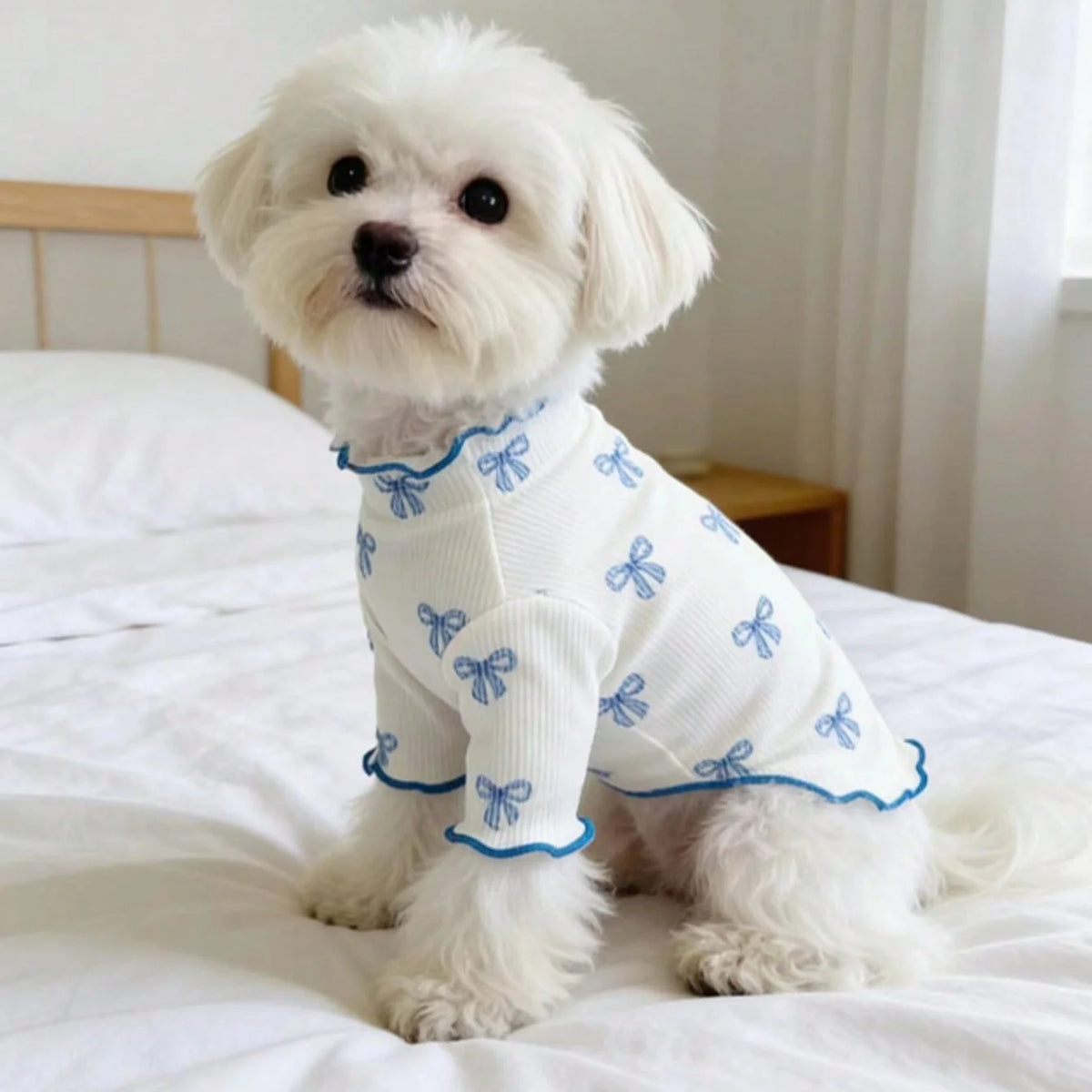 Cute pet knit sweater by I YAN with allover print, pink bow tie, breathable fabric, perfect for dogs and cats.