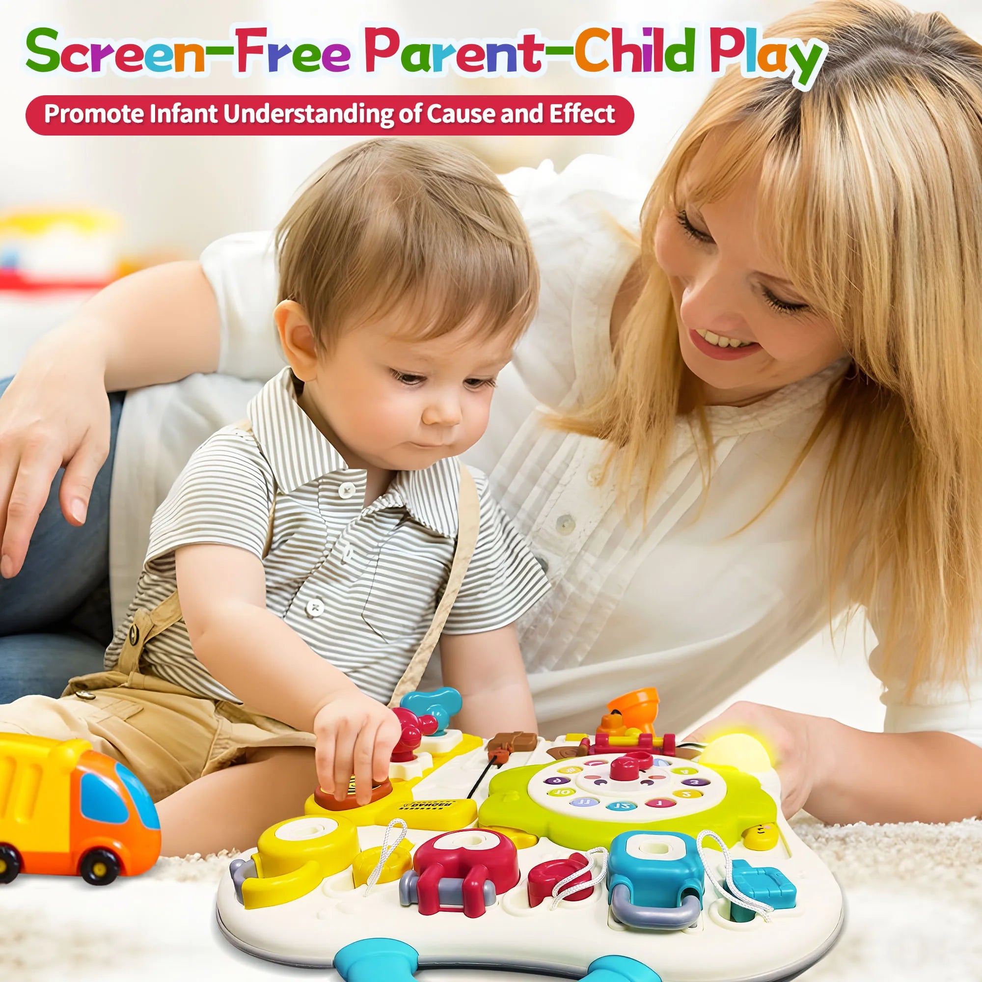 Montessori busy board sensory toy by I YAN with LED lights, music, and activities for 1-3 year old toddlers, ideal travel toy for boys and girls