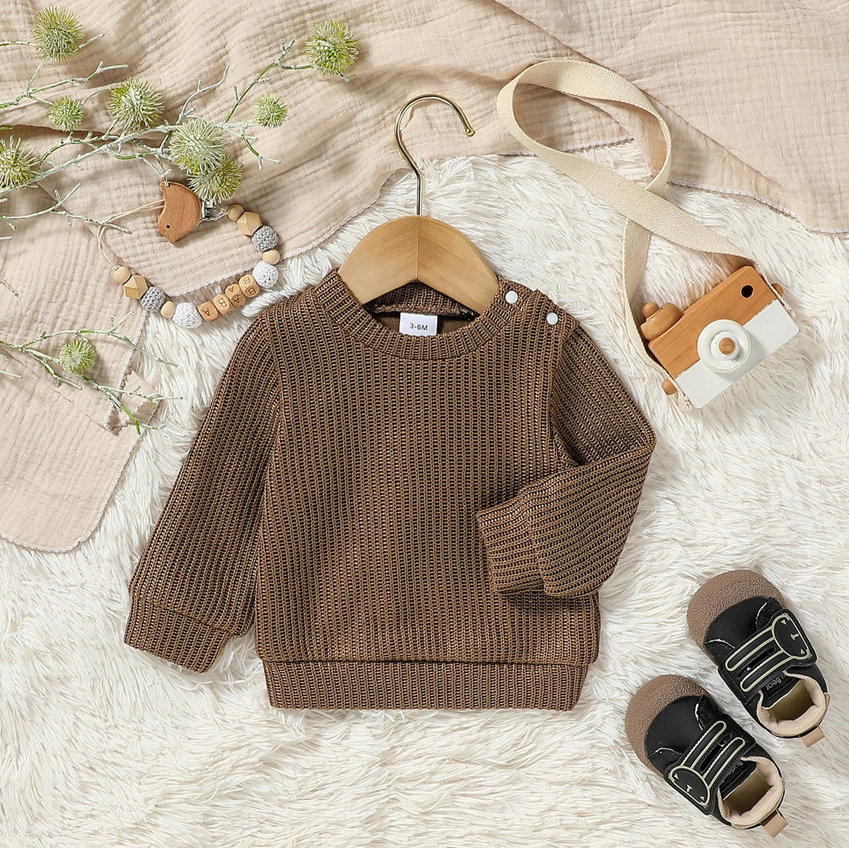 2024 New Style Baby Boys Autumn/Winter Solid Long Sleeve Casual Daily Sweater For 3M-3Y Clothes