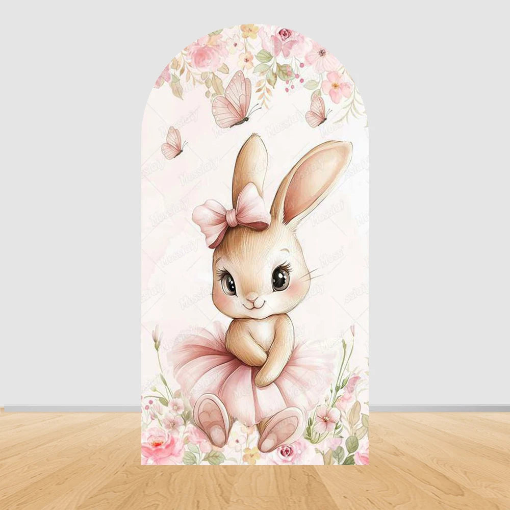 Little Rabbit Pink Flower Bow Baby Girl Birthday Party Arch Backdrop Cover Bunny Baby Shower Arched Photo Background Decor Props