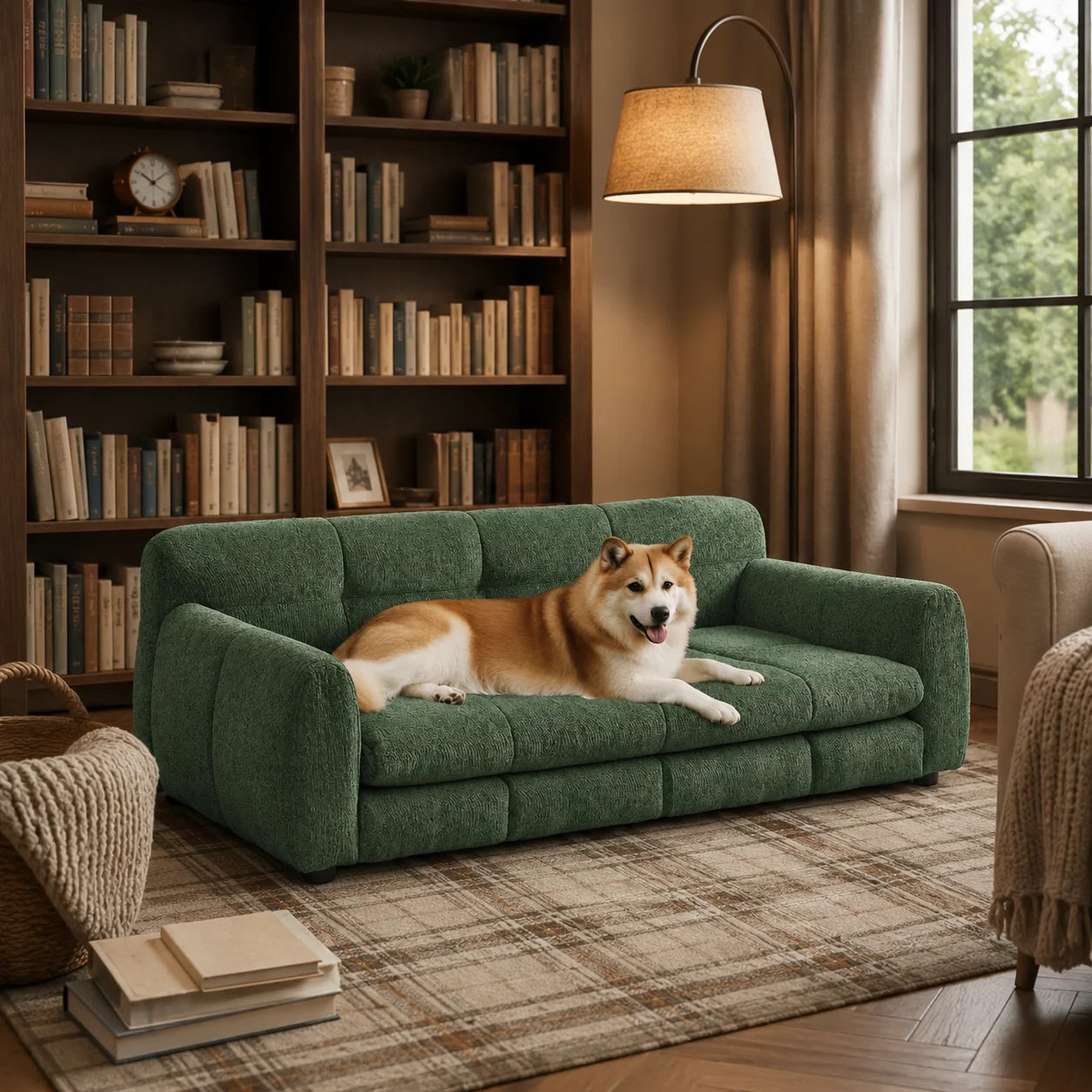 Olive Green Oversized Dog Sofa Bed for Large and Extra Large Dogs, Upholstered Linen Pet Couch with Supportive Armrests and Backrest, Low Stable Legs, Comfortable Elevated Furniture-Style Bed for Living Room, Bedroom and Indo
