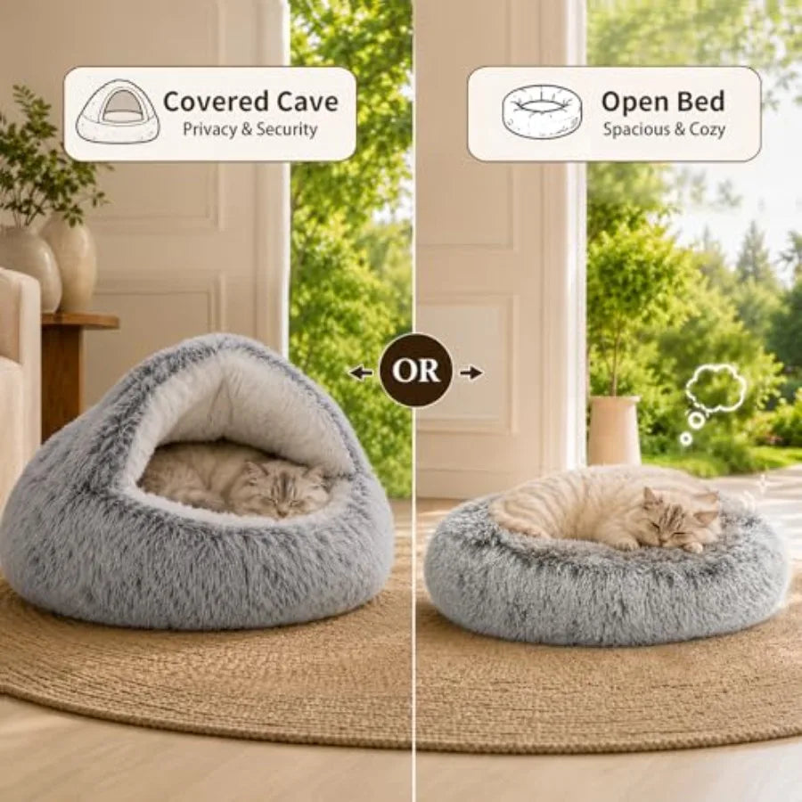 Round plush hooded cat bed by I YAN, cozy doughnut-shaped pet cave for indoor cats or small dogs, soft and calming.