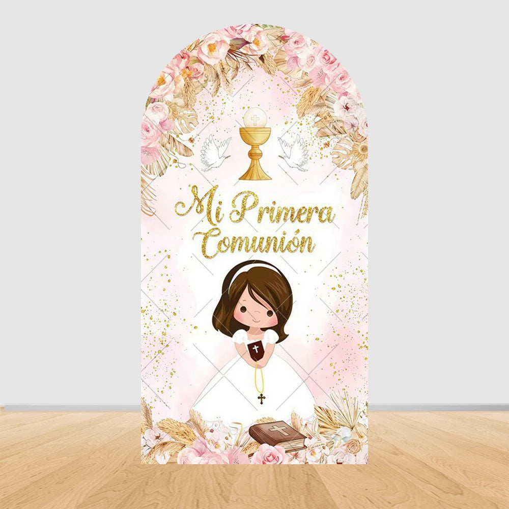 Mi Primera Comunión Arch Backdrop Boys Girls Baptism Flower God Bless Holy Cross Dove Baby Shower Christening Party Background