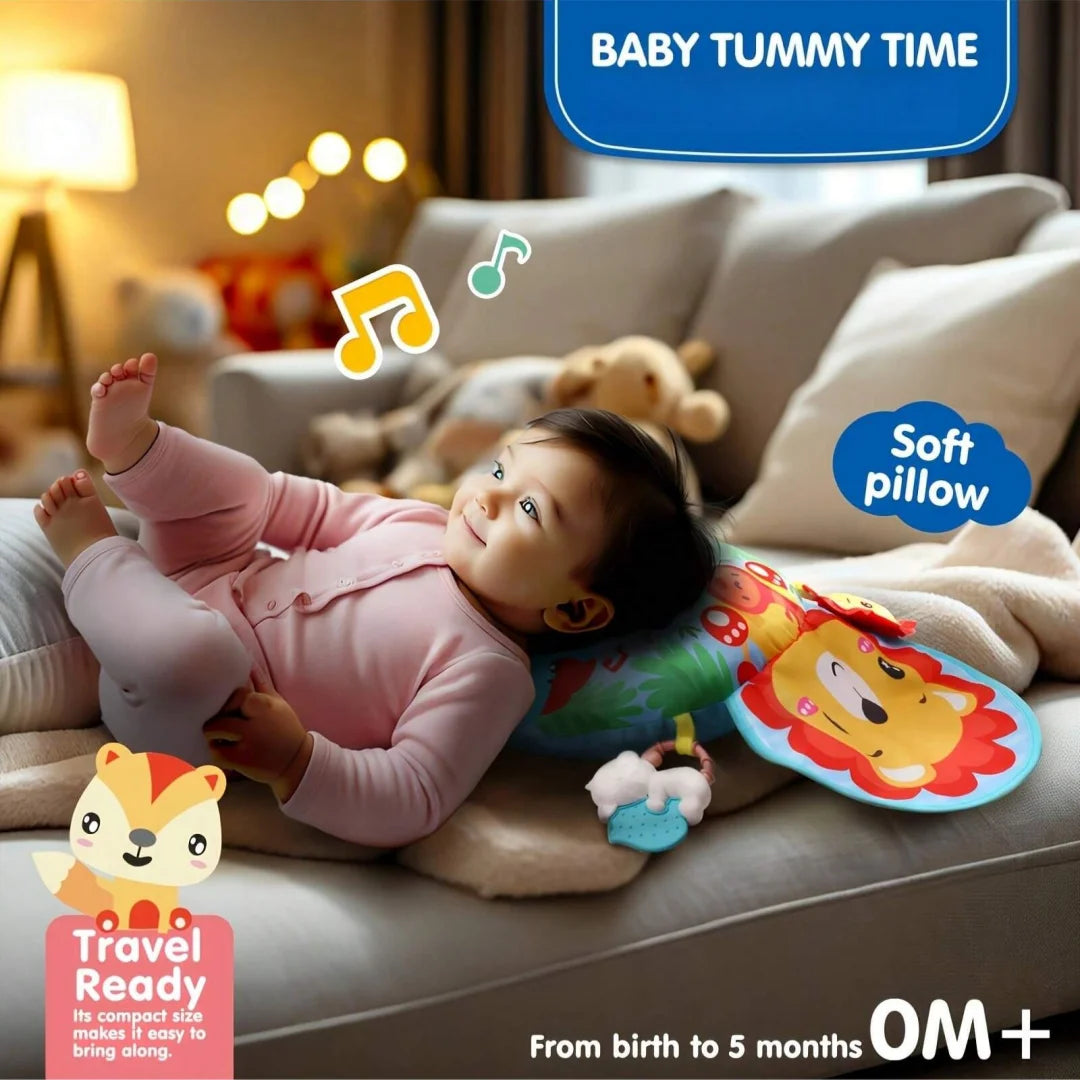 Colorful baby tummy time pillow with rattle toys and cartoon animal design, I YAN infant crawling mat and play gym for infants.