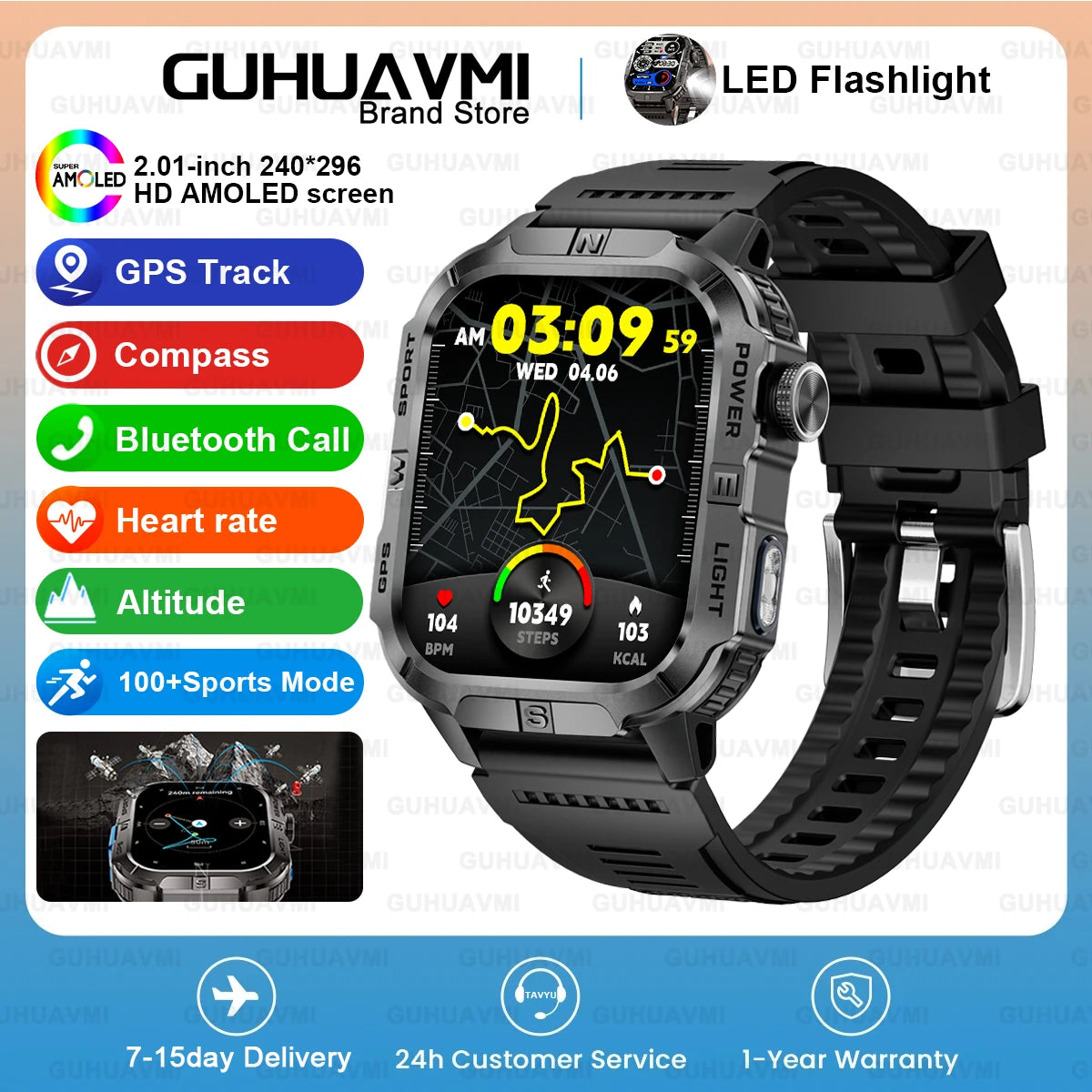 New Dual-Band Satellite GPS Smart Watch Men 2.01'' HD Screen Compass Military Flashlight Watches Waterproof Swim Smart Bracelet