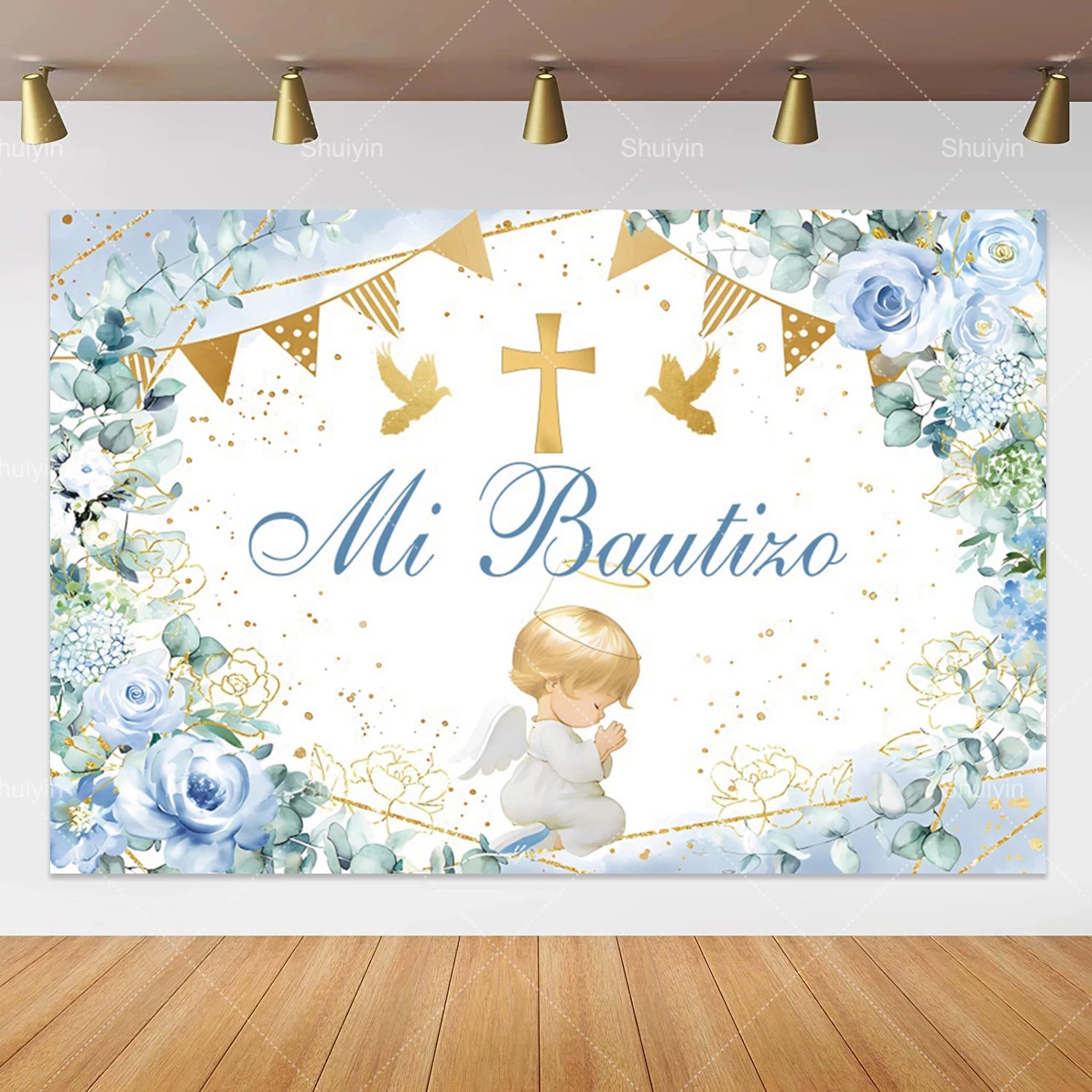 Boy Girl First Communion Backdrop Gold Cross Grail God Bless Baptism Party Decor Background Christening Baby Shower Photo Props