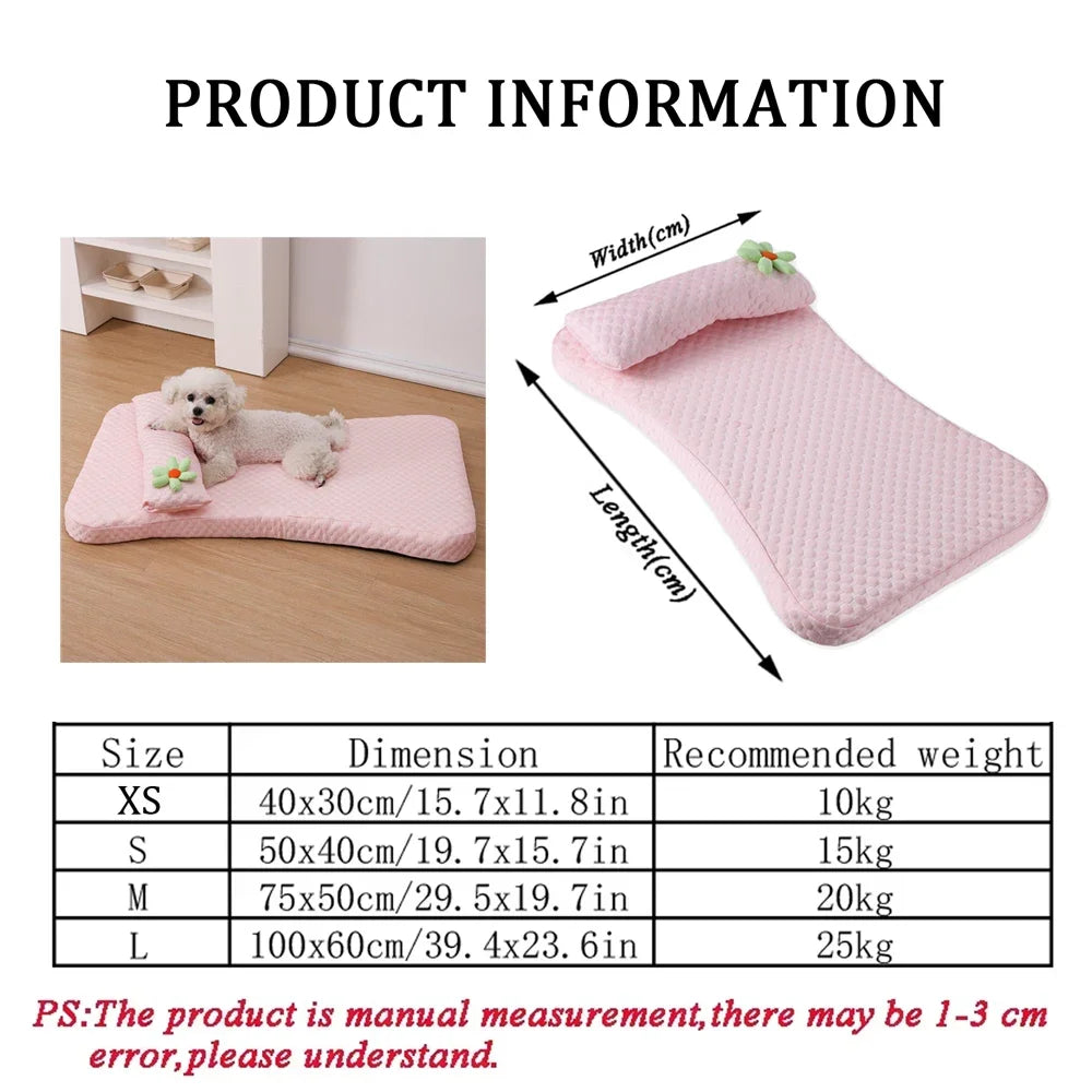 I YAN ice silk pet sofa with thickened cooling dog bed, detachable cushion, elastic sponge design, and pillow for medium dogs