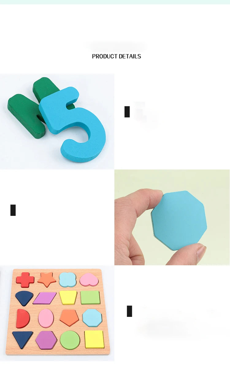 Wooden kids puzzle with alphabet, numbers, shapes, and arithmetic symbols for preschool learning by I YAN, educational Montessori toy.