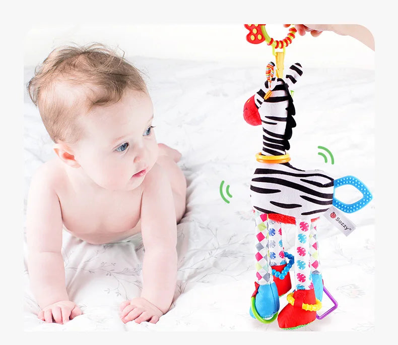Soft giraffe and zebra plush handbells with rattles and teether, ideal infant baby development toy by I YAN for newborns