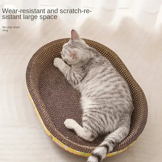 I YAN cat scratching board with oval corrugated paper surface for claw grinding and furniture protection, includes cozy cat nest.