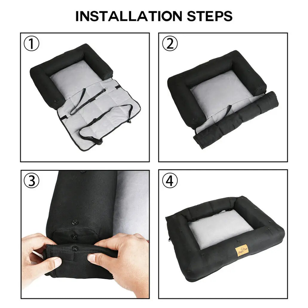 Waterproof dog car seat bed with removable pad cover and safety belt by I YAN, available in three sizes for pet comfort.