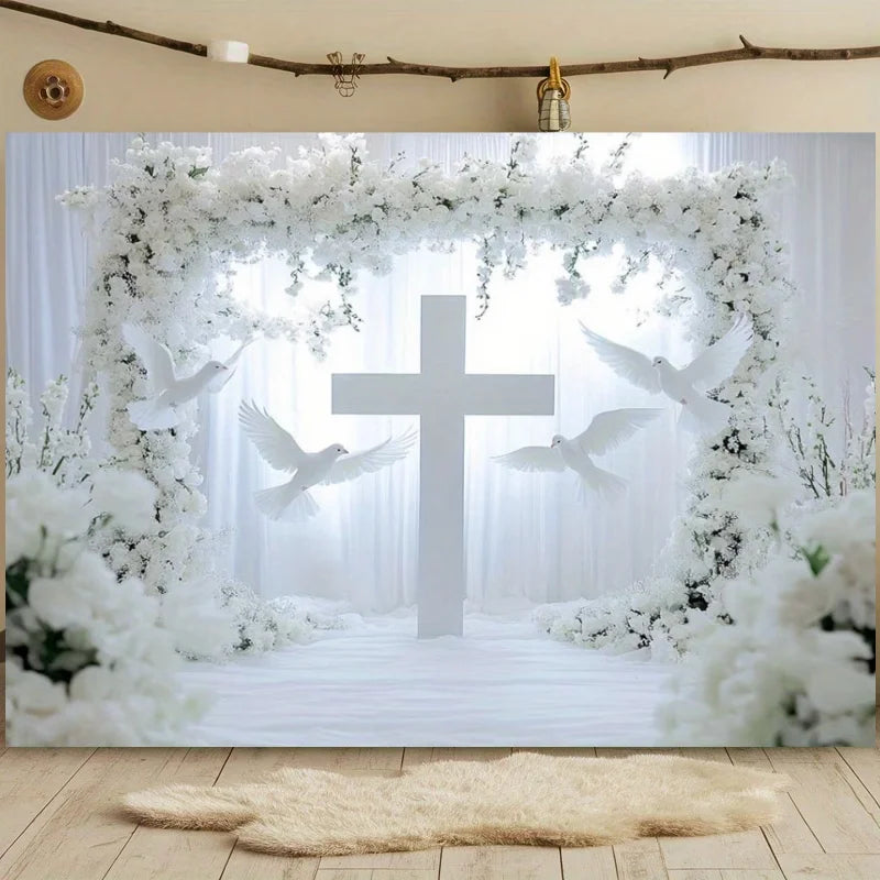 First Holy Communion Backdrop Flower Gold Cross Decor Boy Girl Baby Shower My Baptism Birthday Party Photography Background Prop
