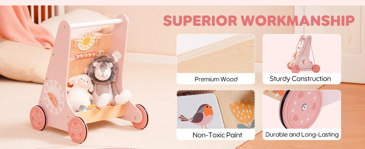 I YAN ROBOTIME ROBUD wooden baby walker with activity center, storage, and Montessori design for boys and girls.