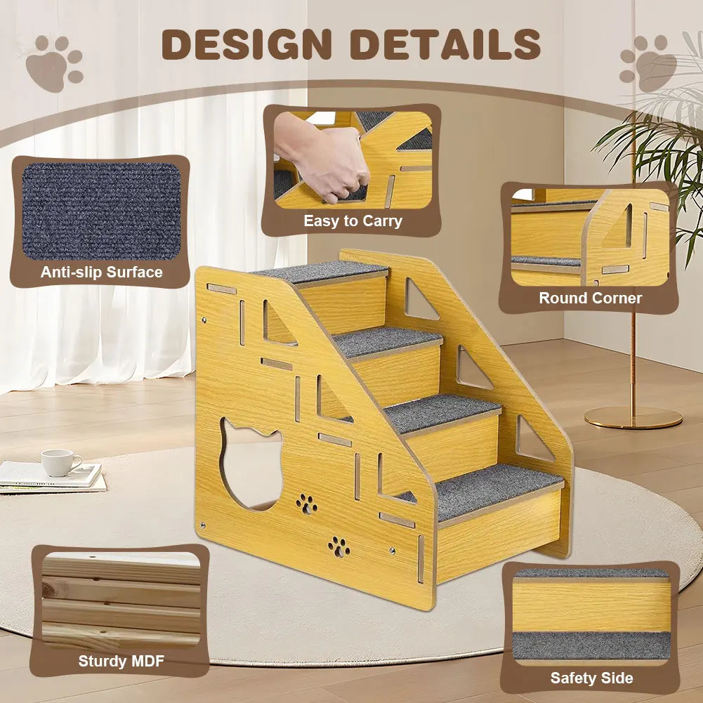 4-Step Wooden Pet Stairs Nonslip Carpeted Cat and Dog Steps Wooden Pet Ladder Pet Furniture for Dogs and Cats for Bed