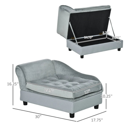 Gray PawHut luxury dog bed for small dogs with soft foam, modern sofa design, hidden storage, suitable for puppies and little breeds.